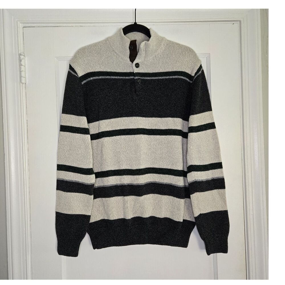 Chaps Striped Mock Neck Sweater Mens L Gray Green Button Pullover